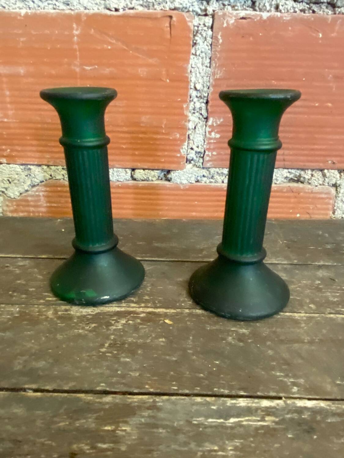 Pair of Antique Green Moulded Glass Candle Holders Column Shape Vintage #D813