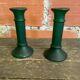 Pair of Antique Green Moulded Glass Candle Holders Column Shape Vintage #D813