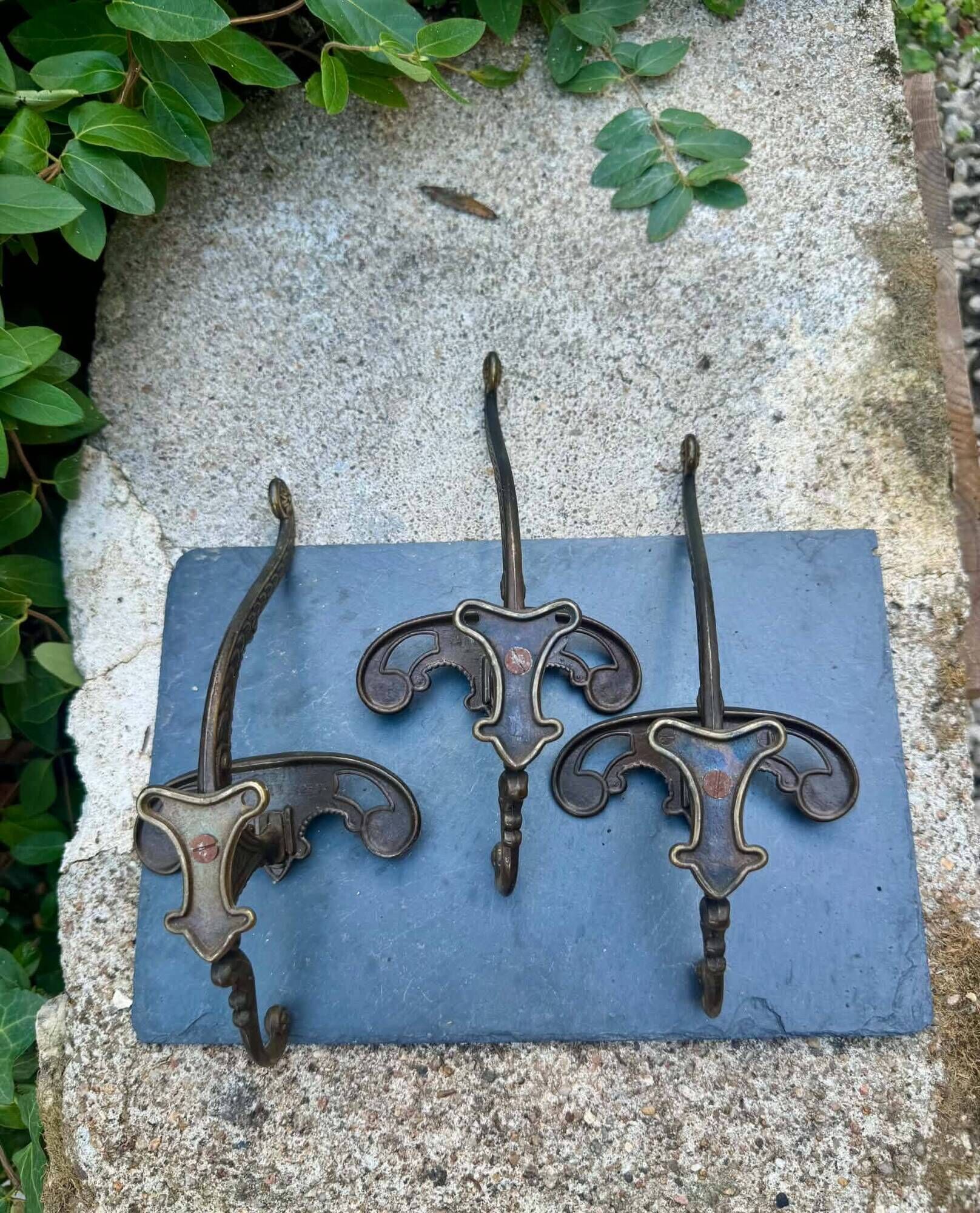 3 vintage Italian baroque brass coat hooks