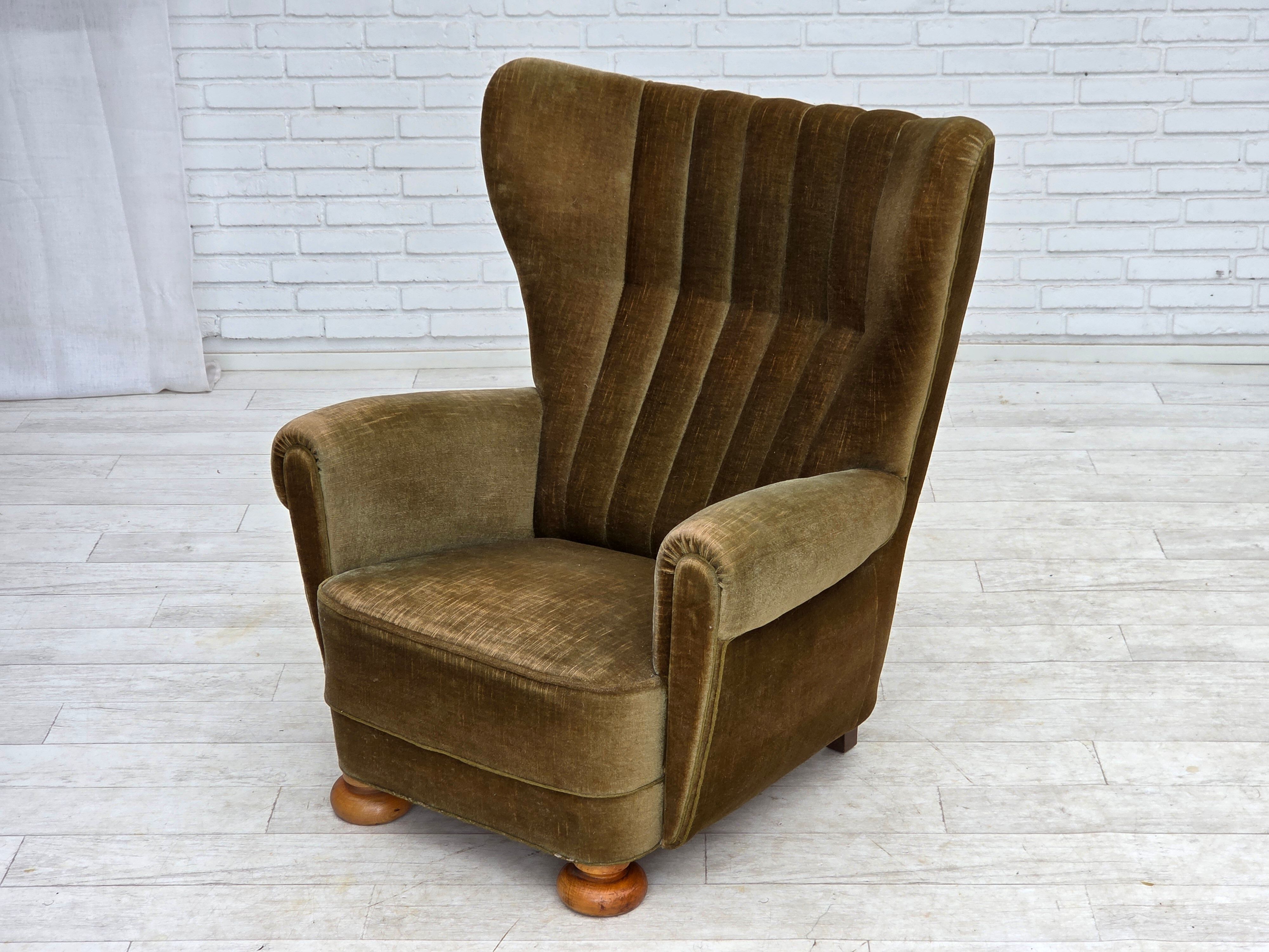 1960s, Danish highback relax armchair, green furniture velour.