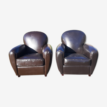 Pair of Club Armchairs in Imitation Leather Brown