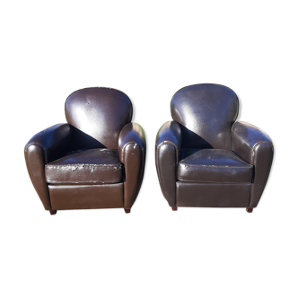 Pair of Club Armchairs in Imitation Leather Brown