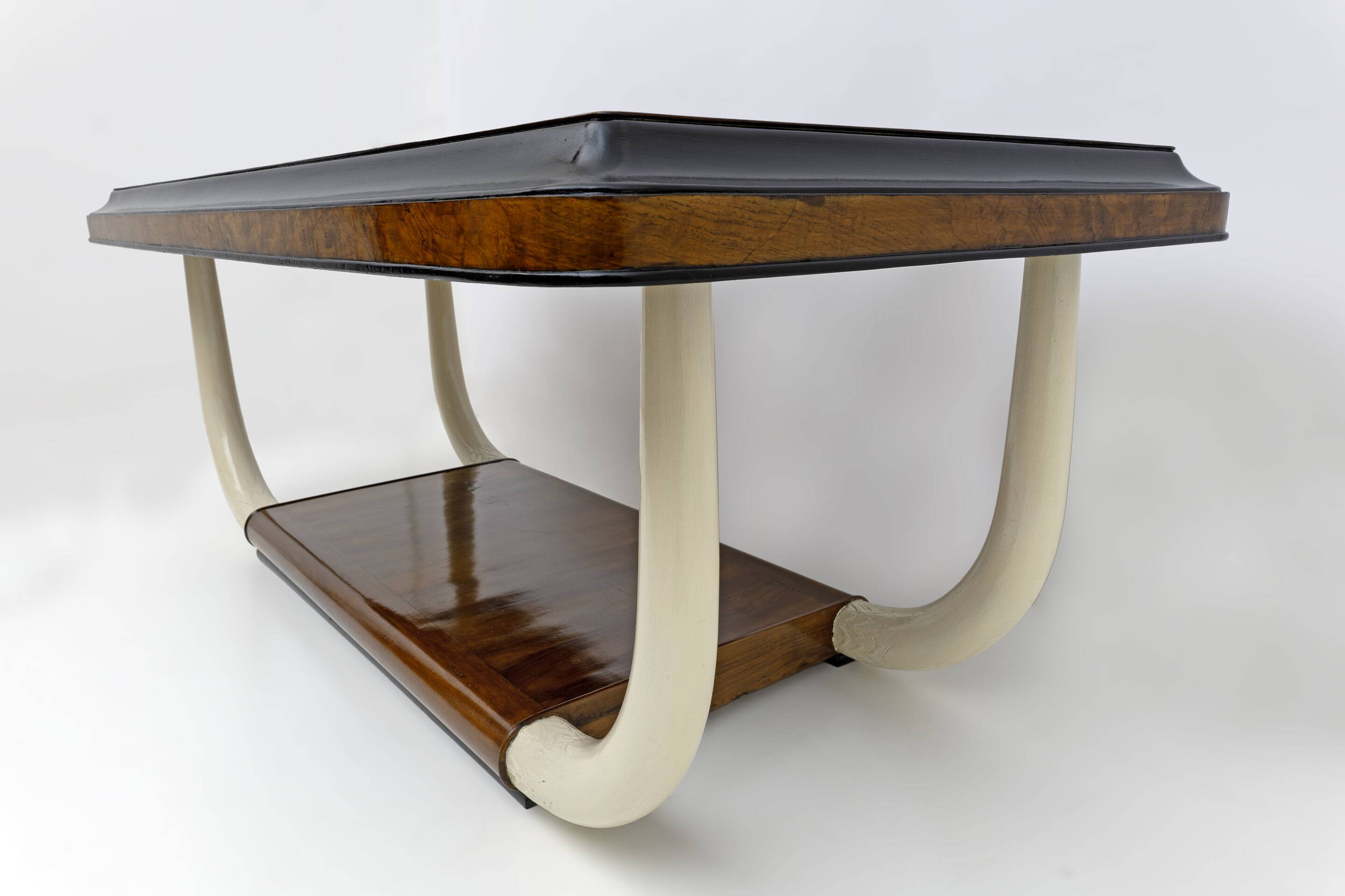 Art Deco Italian Walnut and Top Glass Table with Elephant Tusk Legs, 30s