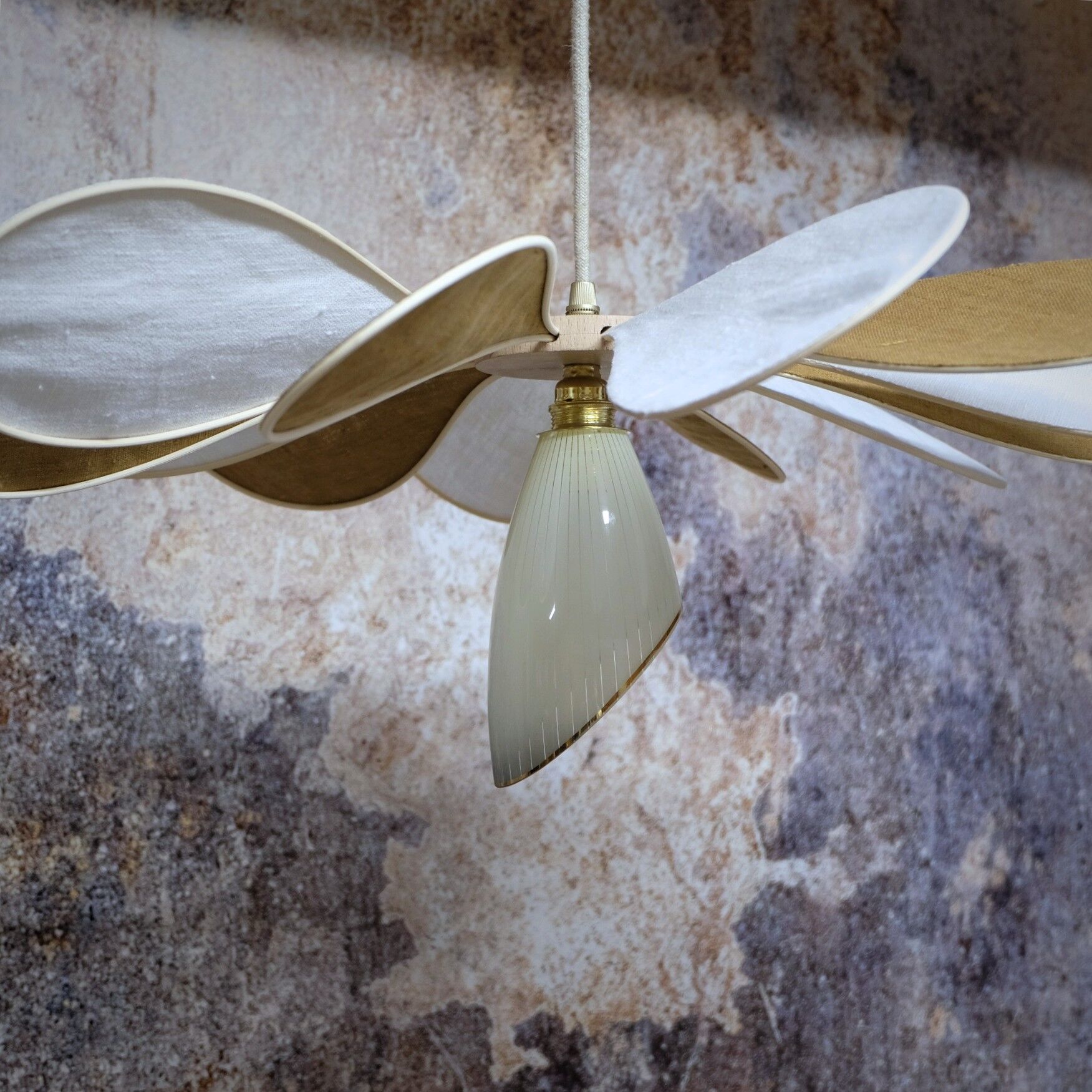Linen suspension, rattan and vintage old globe