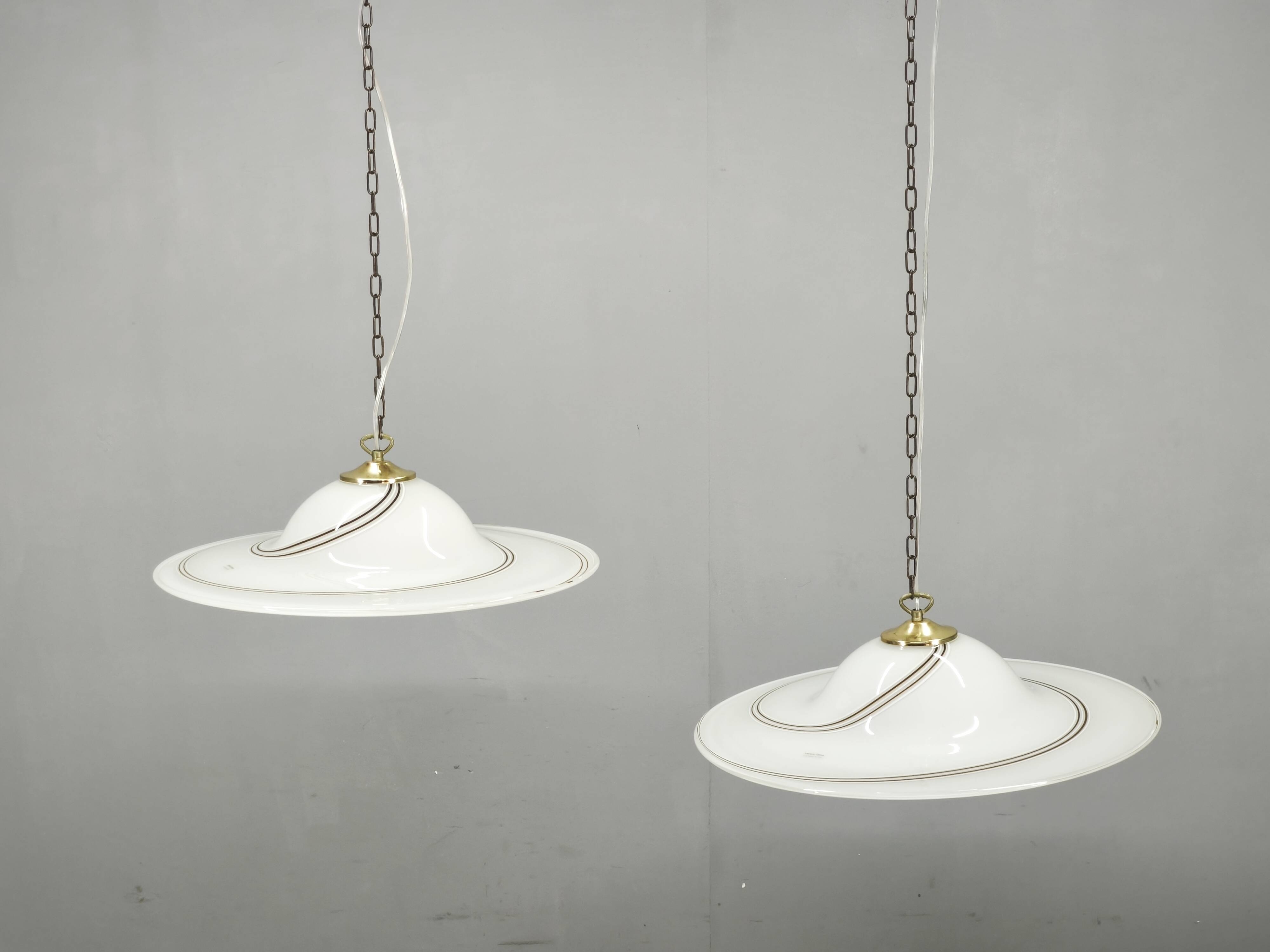 Pair of 1970s Italian Murano Opaline Glass and Brass Pendant Lights