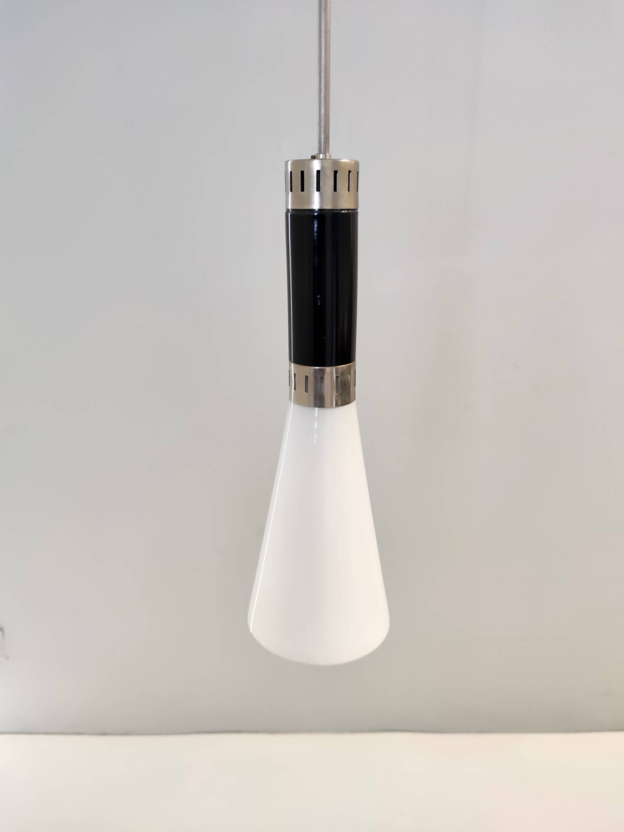 Opaline Glass and Chrome-Plated Brass Pendant by Stilnovo, Italy