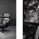 Vintage black leather swivel chair in mid-century modern Scandinavian style.