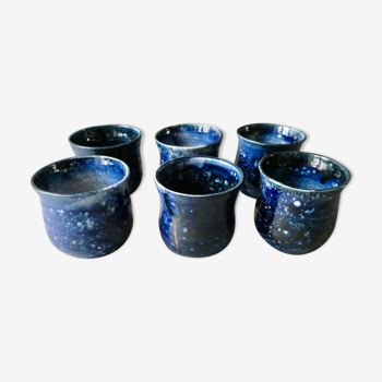 Set of 6 cups in blue enamelled stoneware