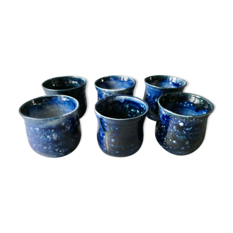 Set of 6 cups in blue enamelled stoneware