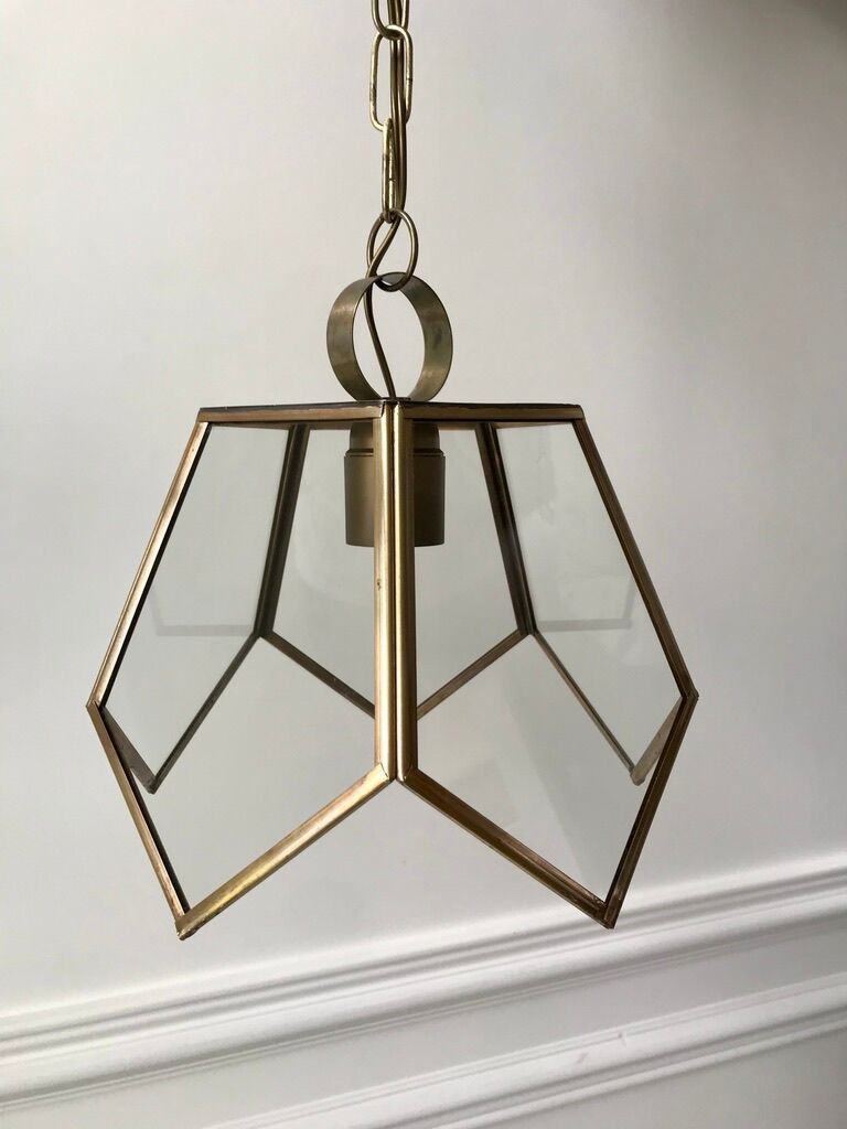 Brass pendant lamp and graphic gilded glass 60s-70s