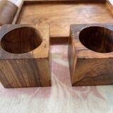 6 cube egg cups on tray with handles Olive wood Vintage 1970