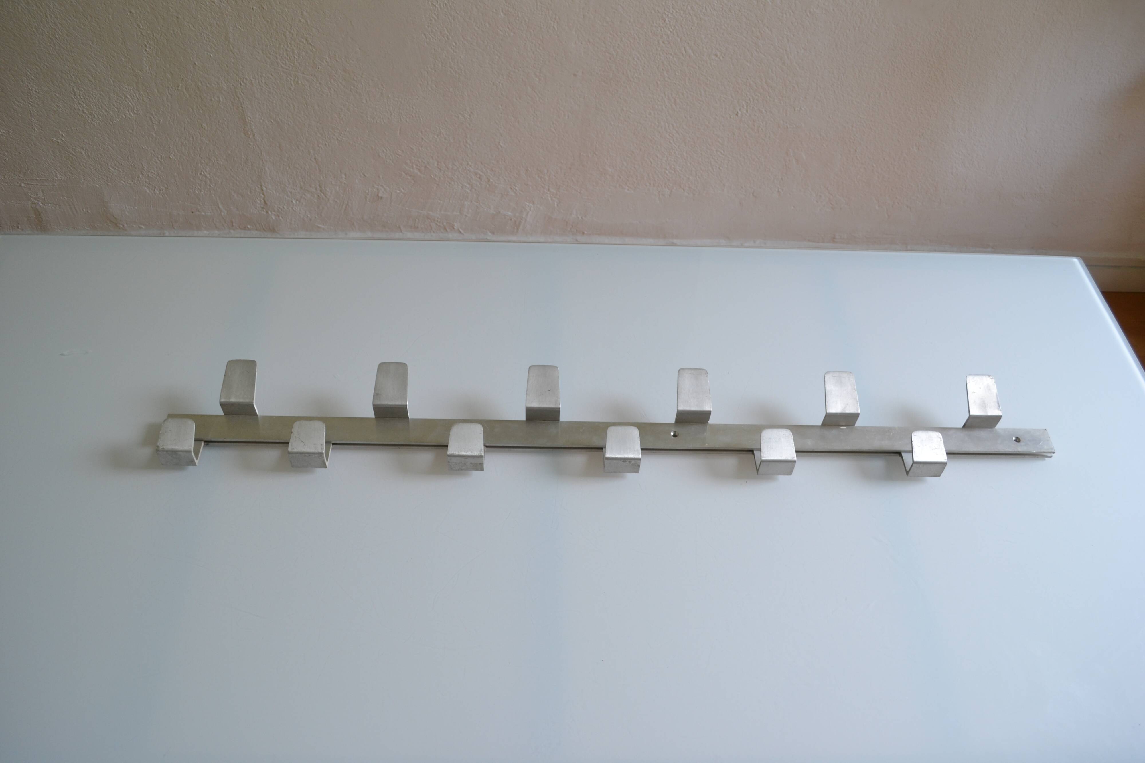 Vintage 70s brushed aluminum metal 12-hook wall coat rack