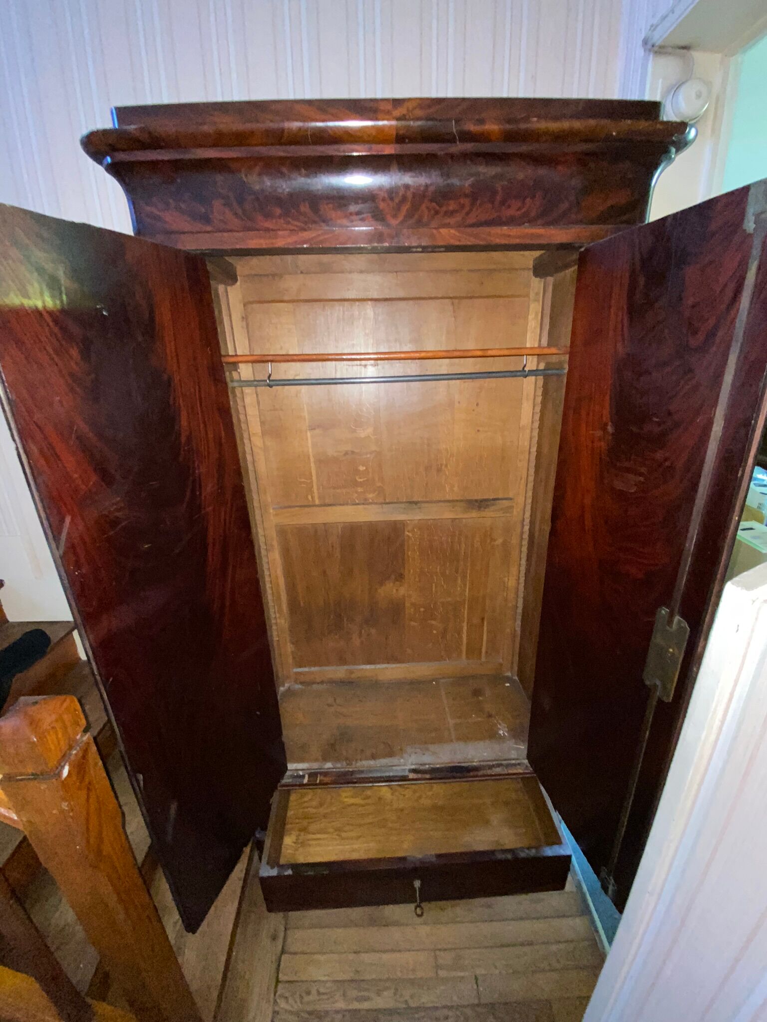 Vintage mahogany wardrobe with large low drawer