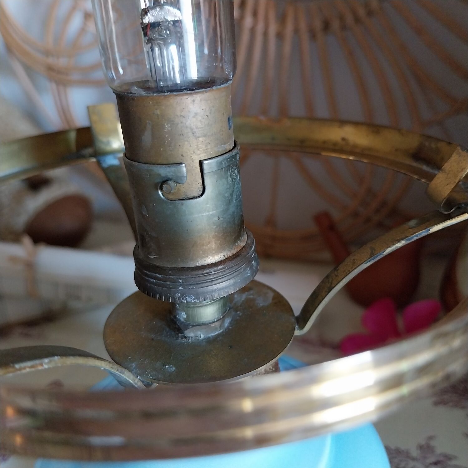 Old lamp base in blue opaline and brass