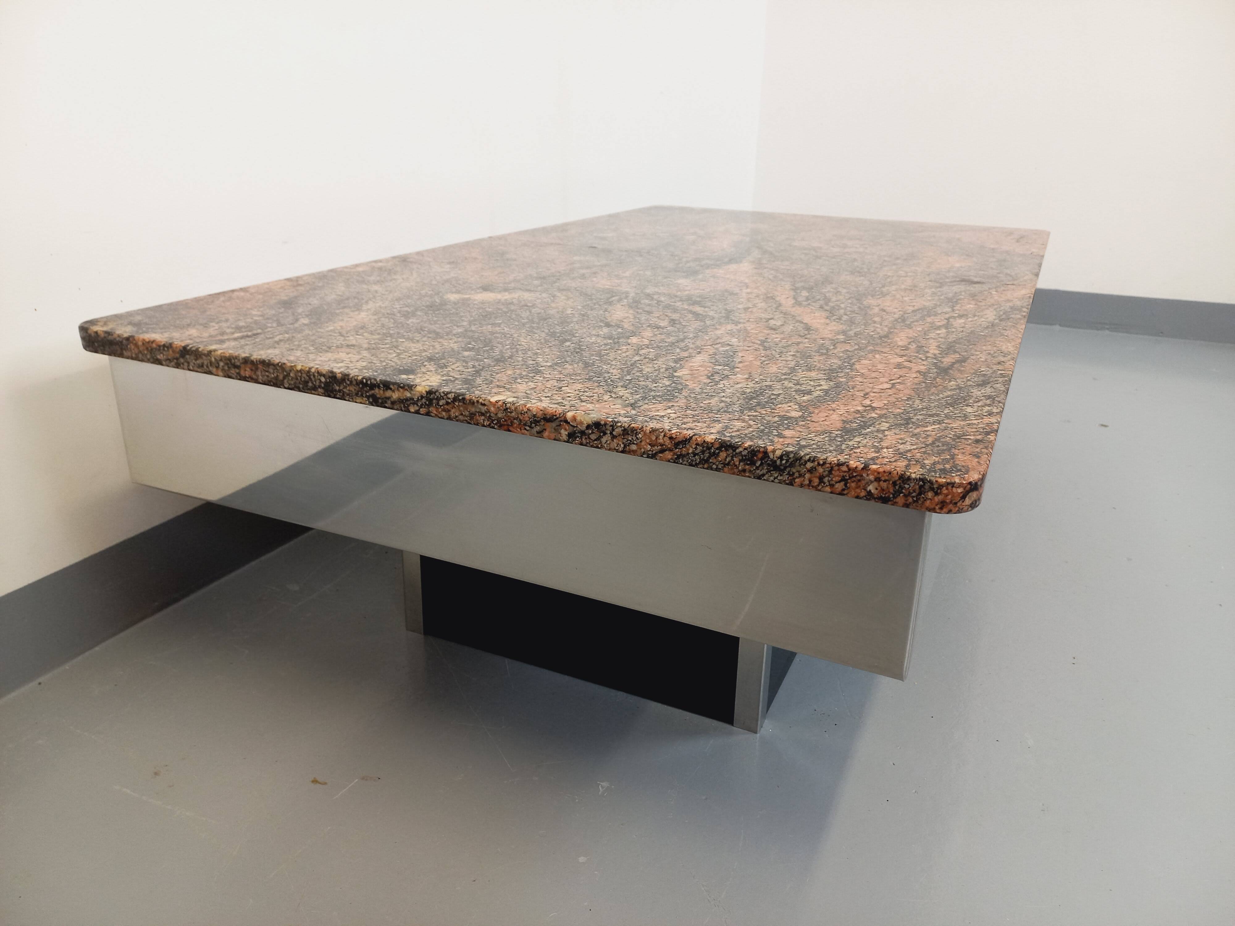 Vintage granite, chrome metal and black melamine coffee table with bar