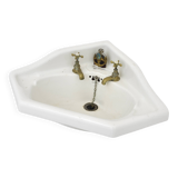 Lavabo d’angle vintage en céramique — robinetterie laiton d’origine