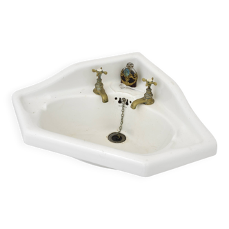Vintage corner ceramic washbasin — original brass taps