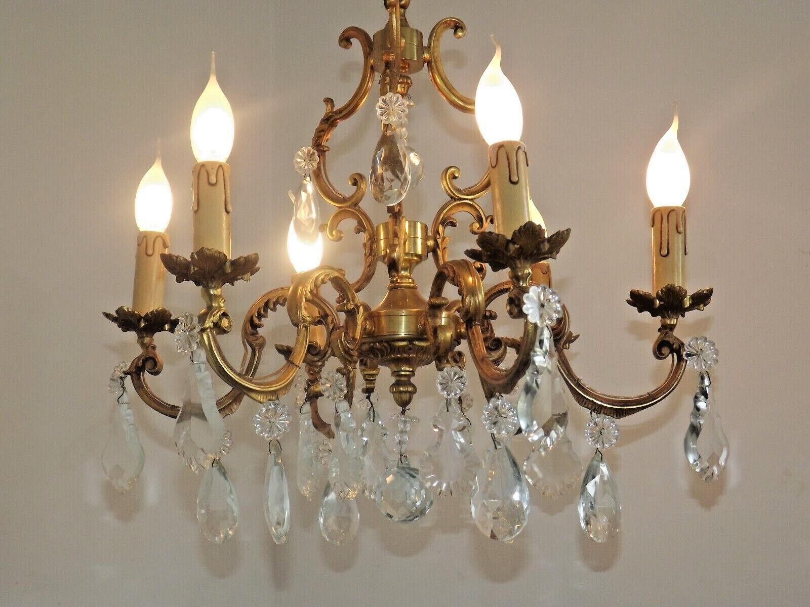 Lovely Quality Brass 6 Light Scrolled Acanthus Leaf Crystal Cage Chandelier 3626