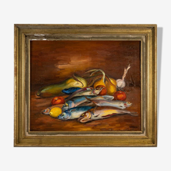 Painting, still life fish and fruit, oil 1960s