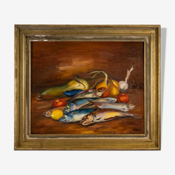 Tableau , nature morte poissons et fruits, huile années 1960