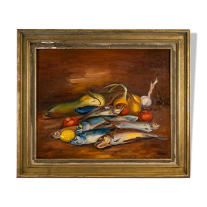 Tableau , nature morte poissons