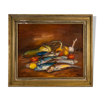 Tableau , nature morte poissons et fruits, huile années 1960