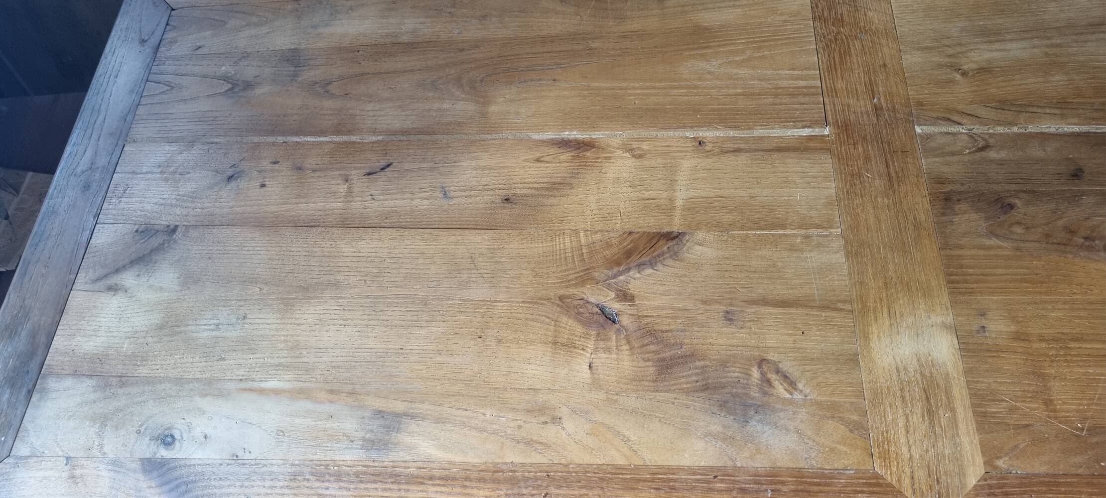 Solid oak farmhouse table, one drawer, vintage, early 20th century.