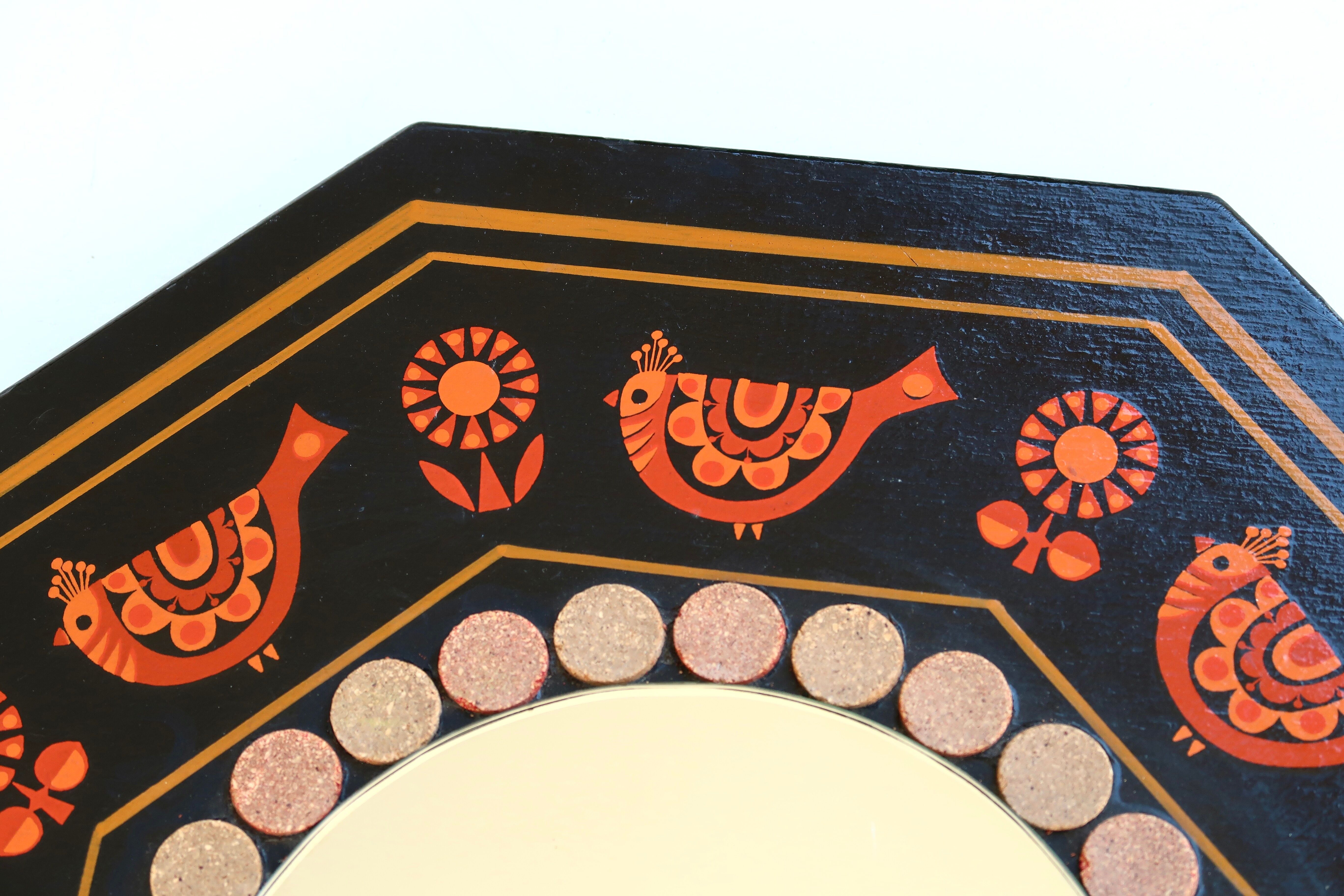 Mexican wooden mirror decorated with birds, 70s