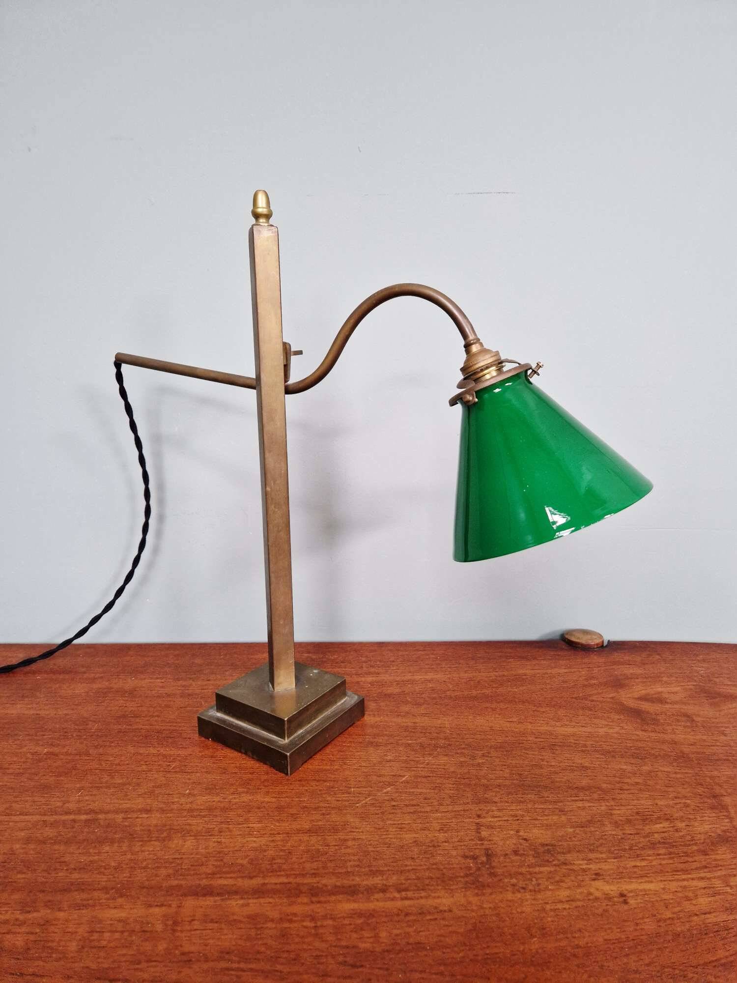 Bronze desk lamp with a green opaline conical shade, 1920.