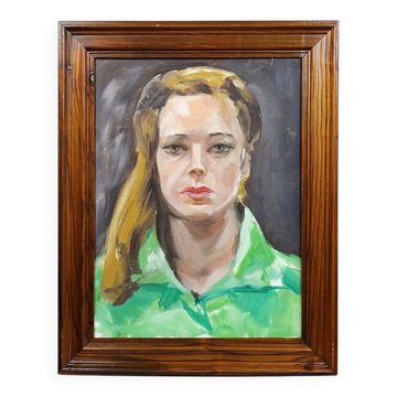 Portrait "The Woman in Green" vintage oil on canvas board with wooden frame.