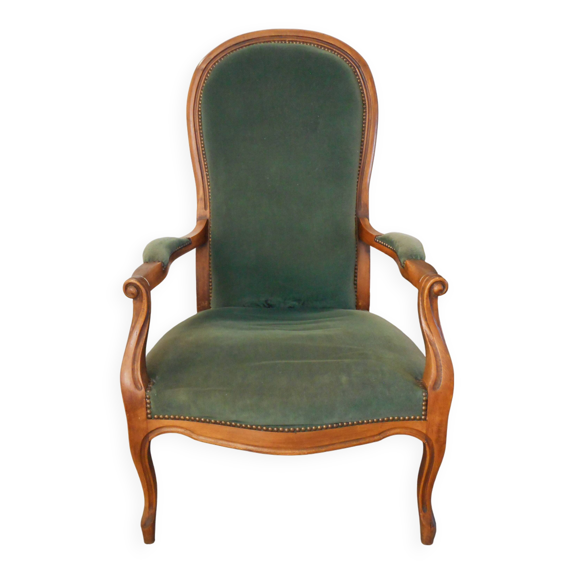 Voltaire armchair in green velvet fabric, late 19th - early 20th century