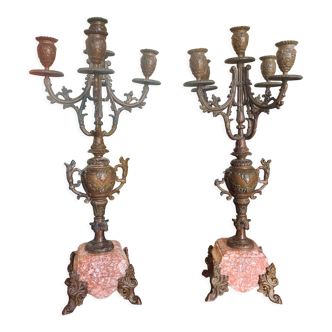 Pair of antique chandeliers pink marble base
