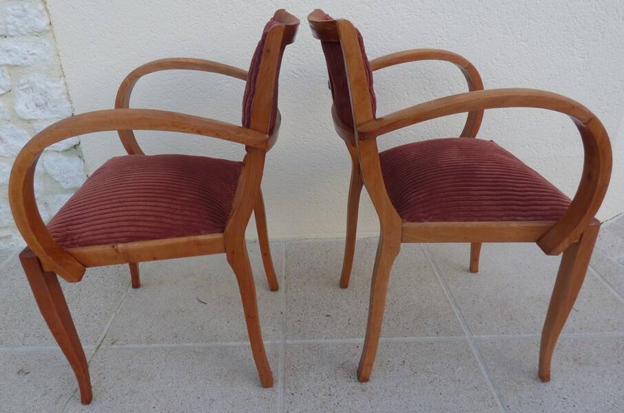 2 Chic 50s Bridge Armchairs Completely Refurbished in Solid Wood with Rust Velvet Seat