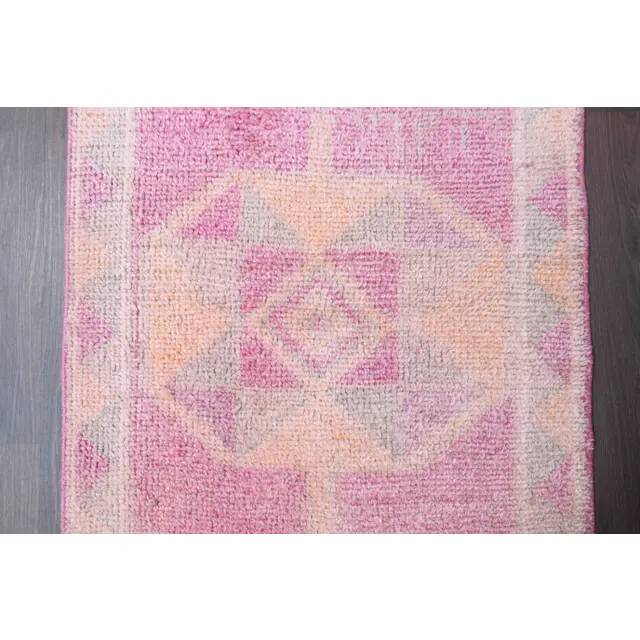Vintage Turkish Hand-Knotted Wool Cotton Pink Runner Rug 80x365