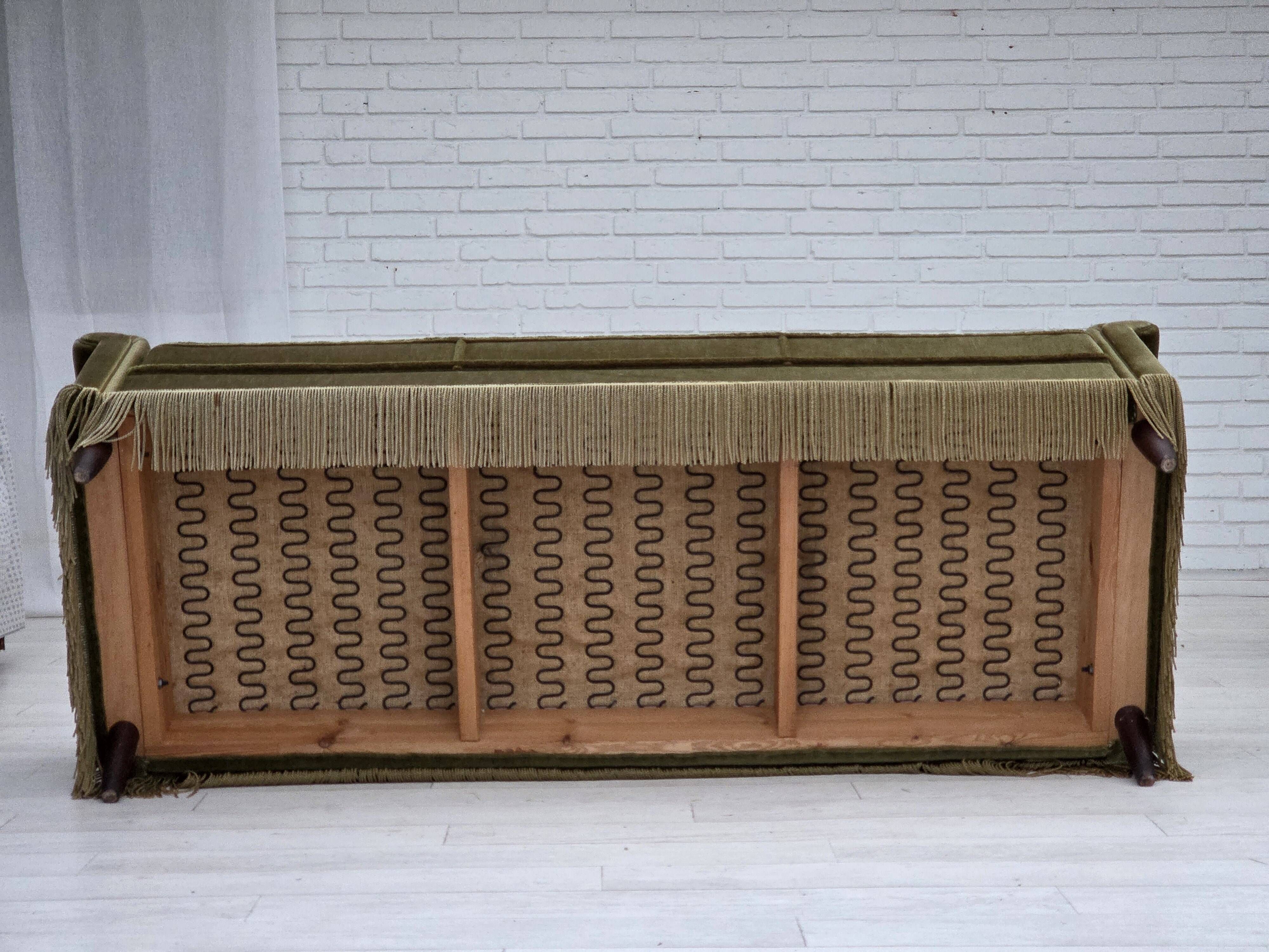 1970s, Danish 3-seater sofa, green furniture velour, teak wood legs.