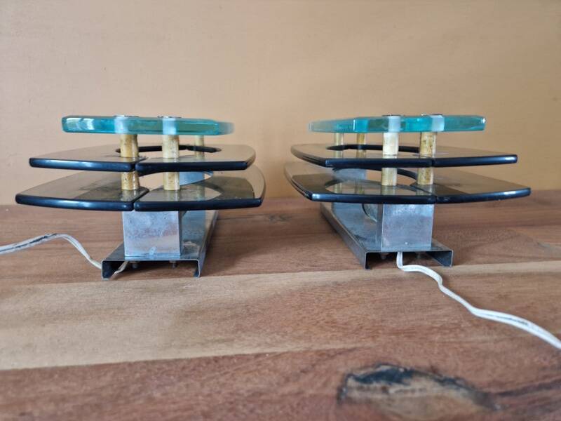 Pair of smoked glass wall lights - Veca editions, Fontana Arte - Design 1970