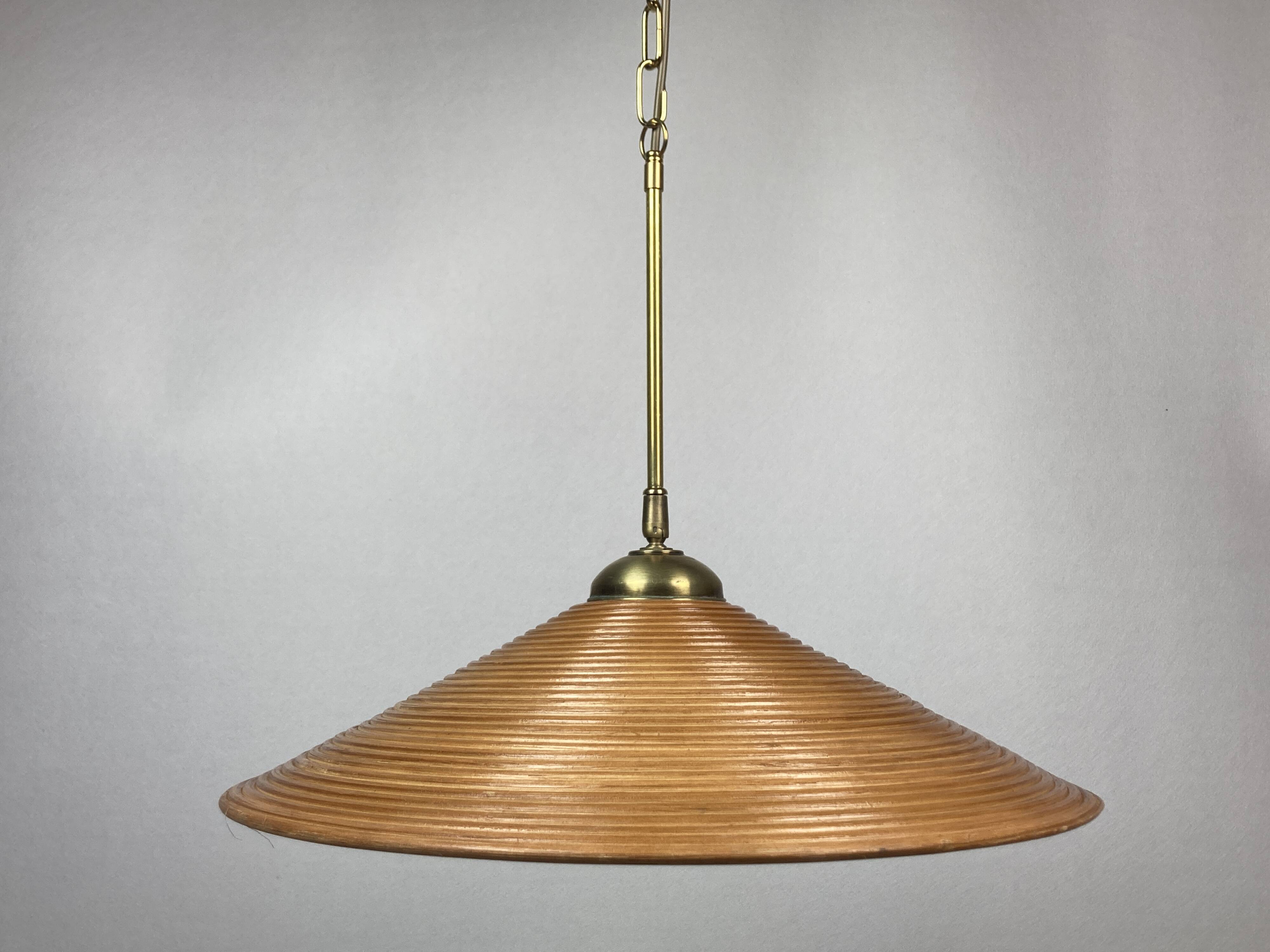 Pencil split reed, rattan, bamboo & brass pendant lamp, italy, 1970s