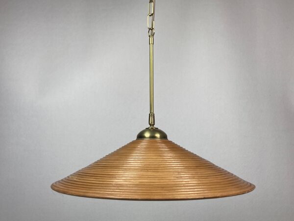 Lampe à suspension pencil split reed, rotin, bambou et laiton, italie, 1970s