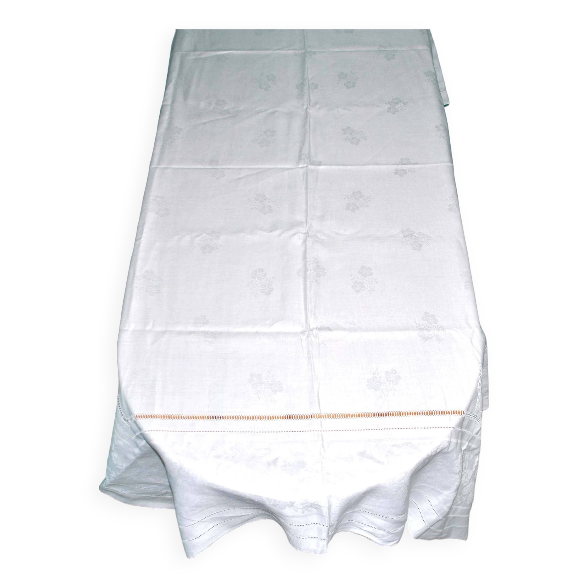 Vintage tablecloth in mixed cotton damask 130x150 floral decor monogram medallion BV + 10 napkins *M