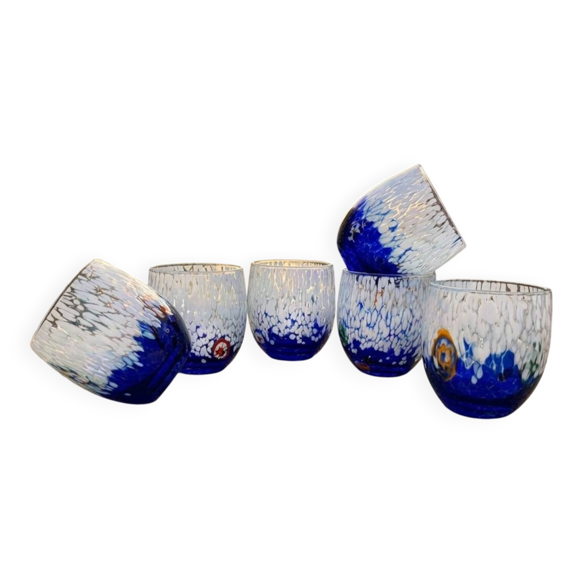 Set of 6 blown glass glasses from Venice with Effetre Murano murrine.