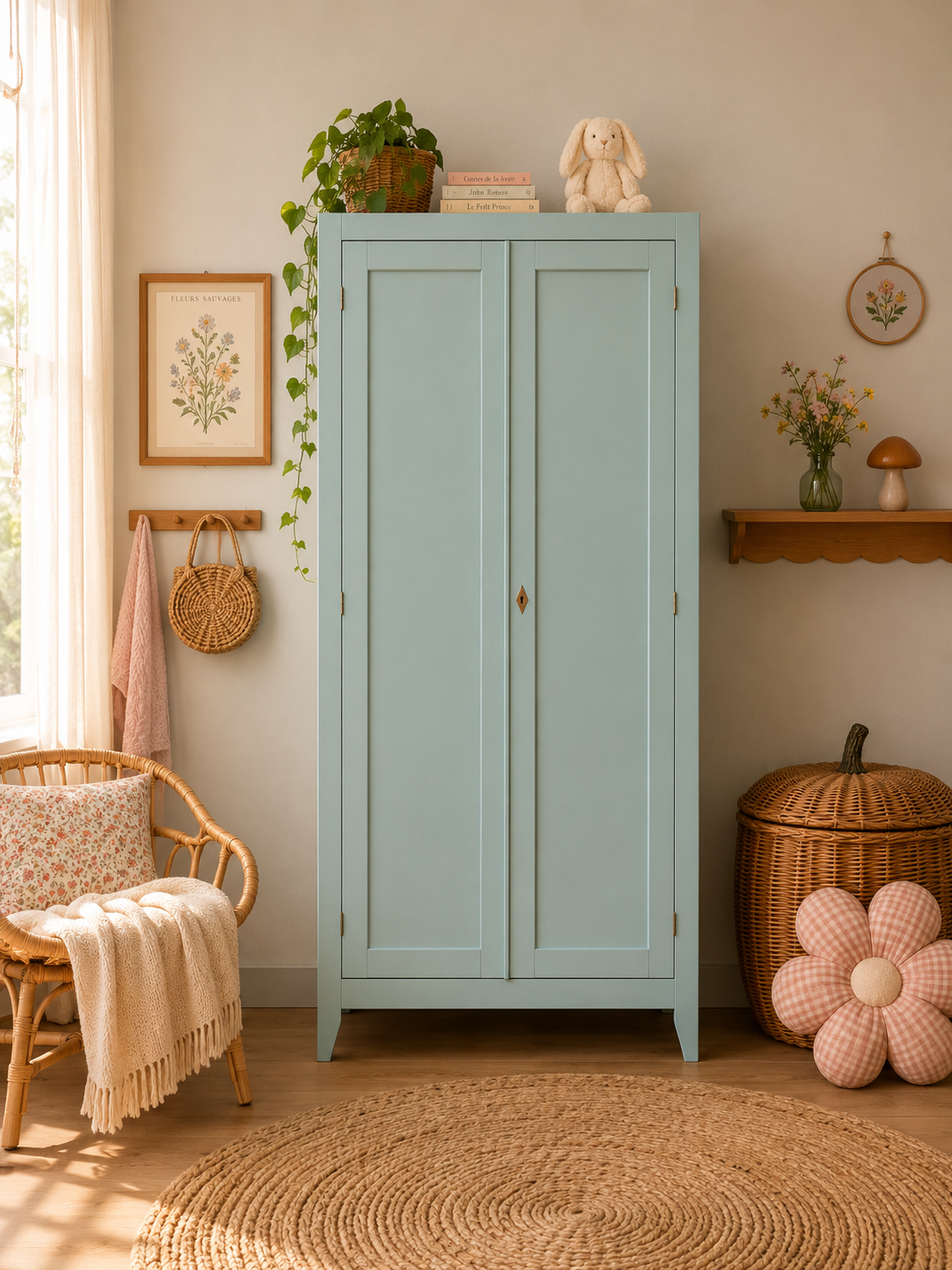 Vintage Parisian wardrobe in grey-blue green.