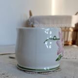 Small vintage earthenware cache pot with pink flower slip pattern