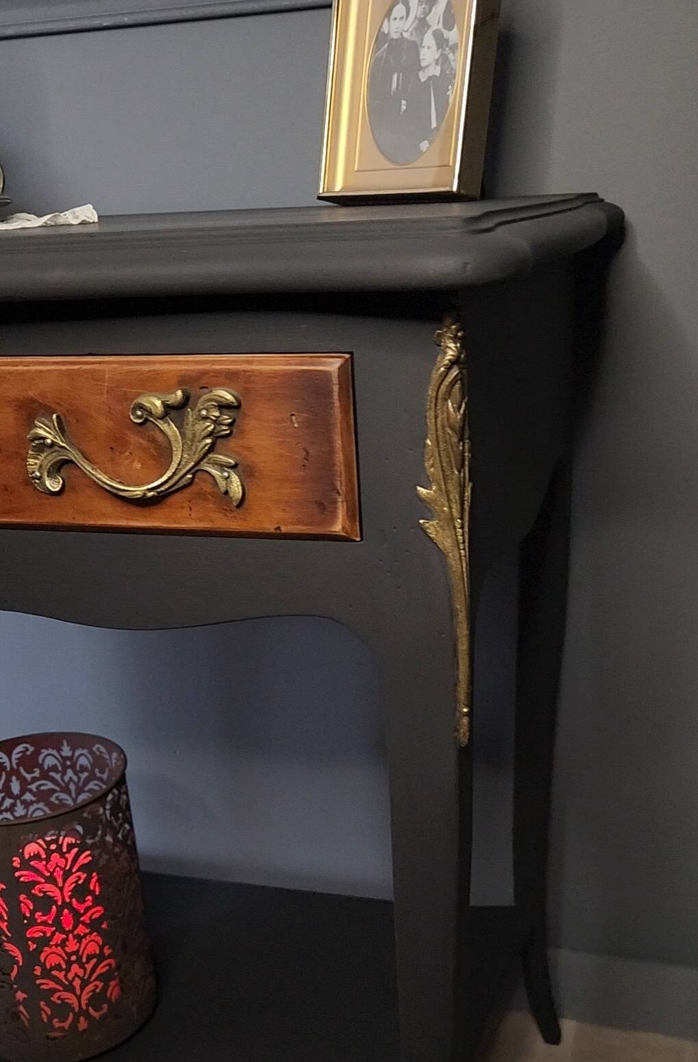 Mat black console / natural wood / gilding – Louis XV style Unique piece