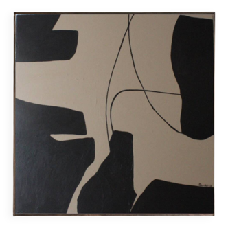 Contemporary black canvas on taupe 80x80x4cm