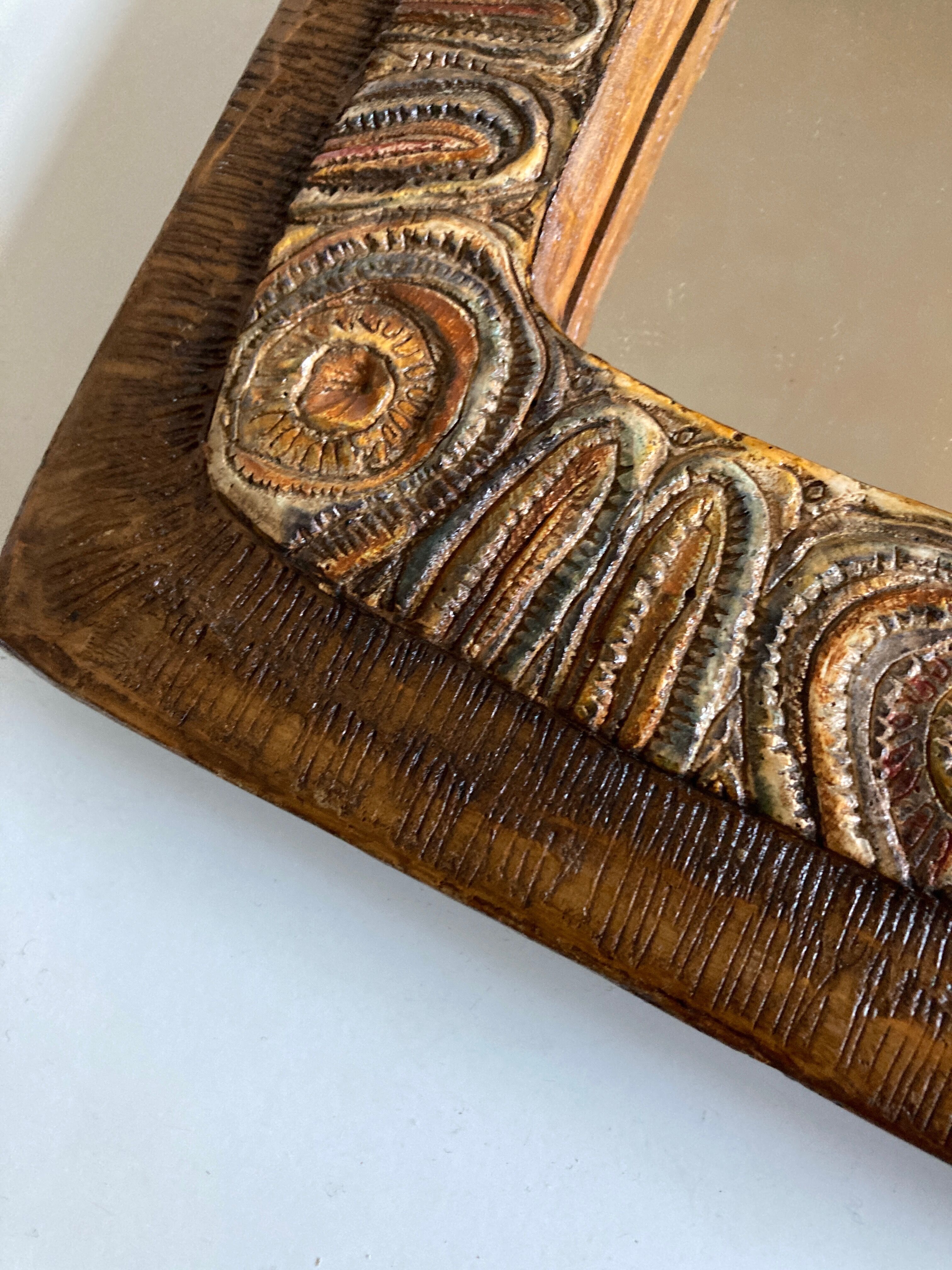 Arts & crafts 1970 mirror in incised resin