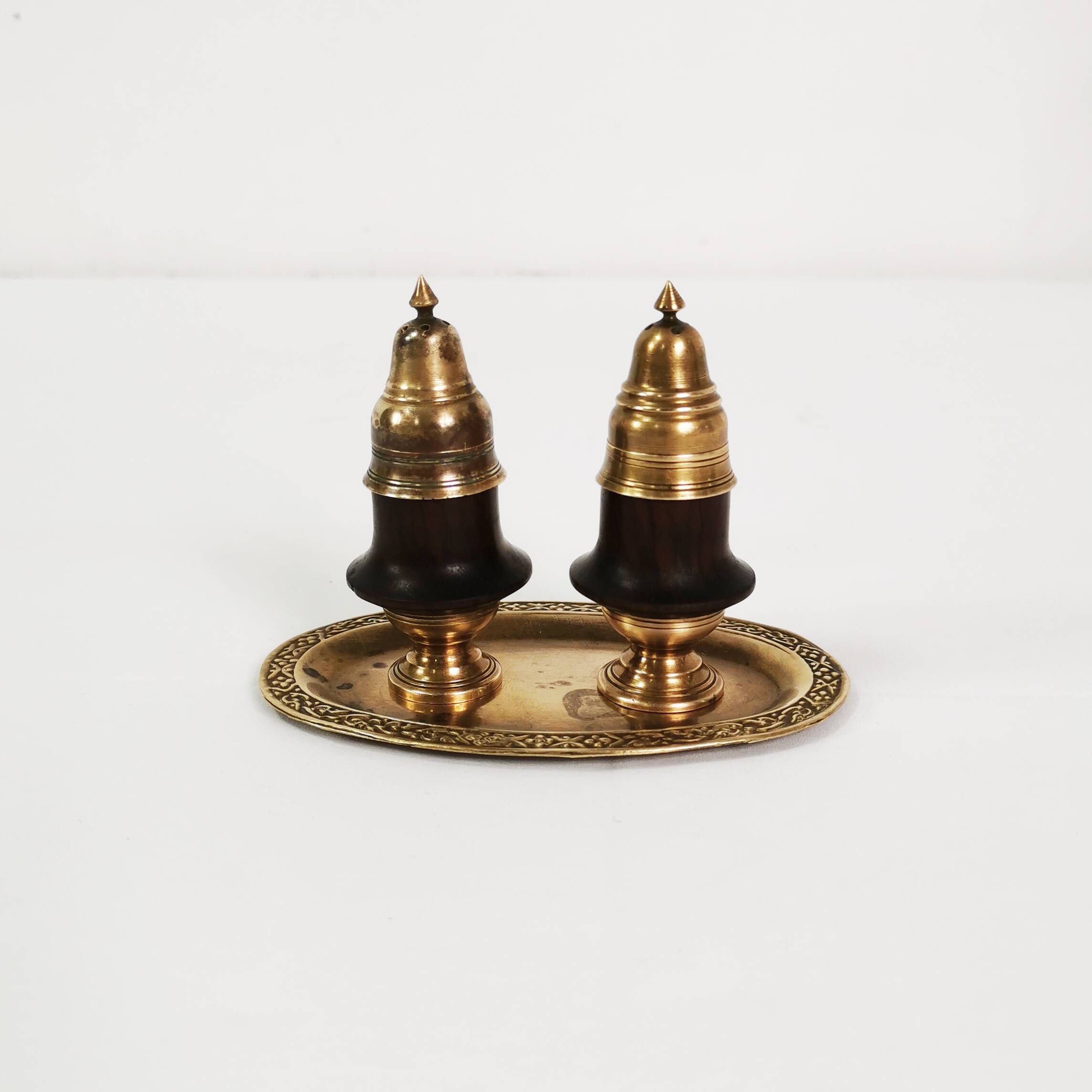 Brass and rosewood spice set, Denmark, 1950s