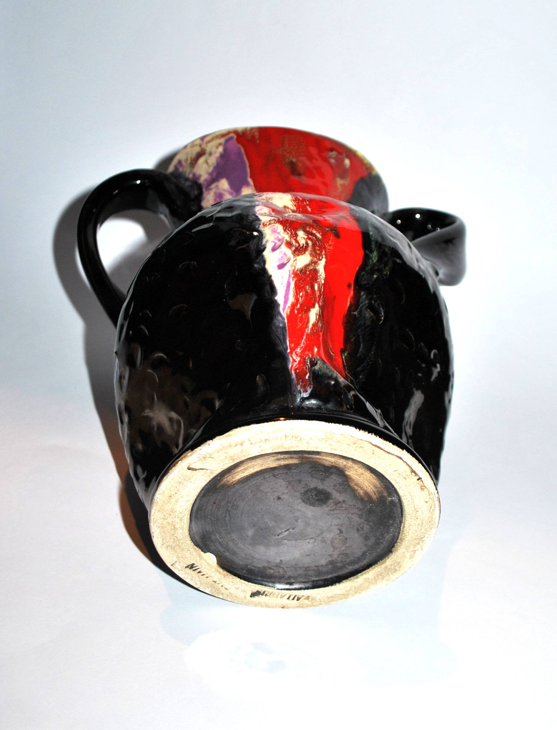 VALLAURIS ceramics Black and red enamelled vase with handle VINTAGE 1950-1960