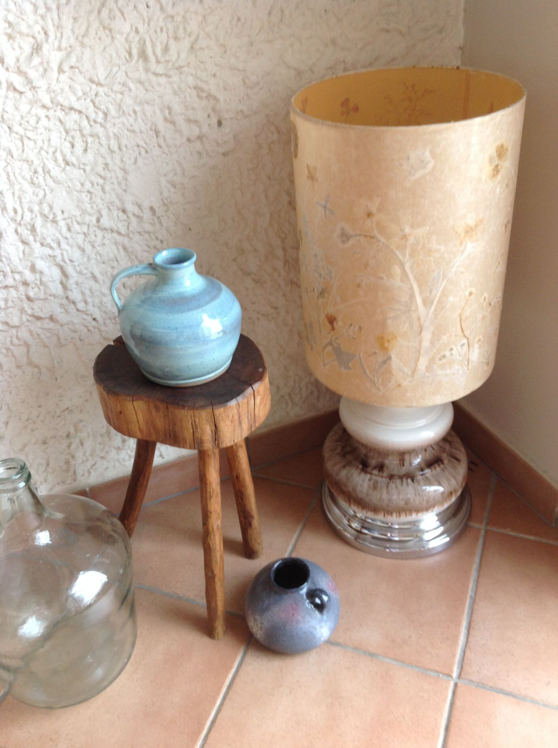 Ceramic floor lamp with a fat lava finish and herbarium shade / vintage 1960s-70s