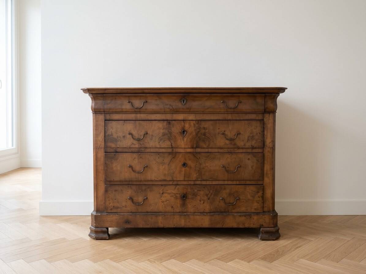 Antique chest of drawers with 4 solid wood drawers from the late 19th century.