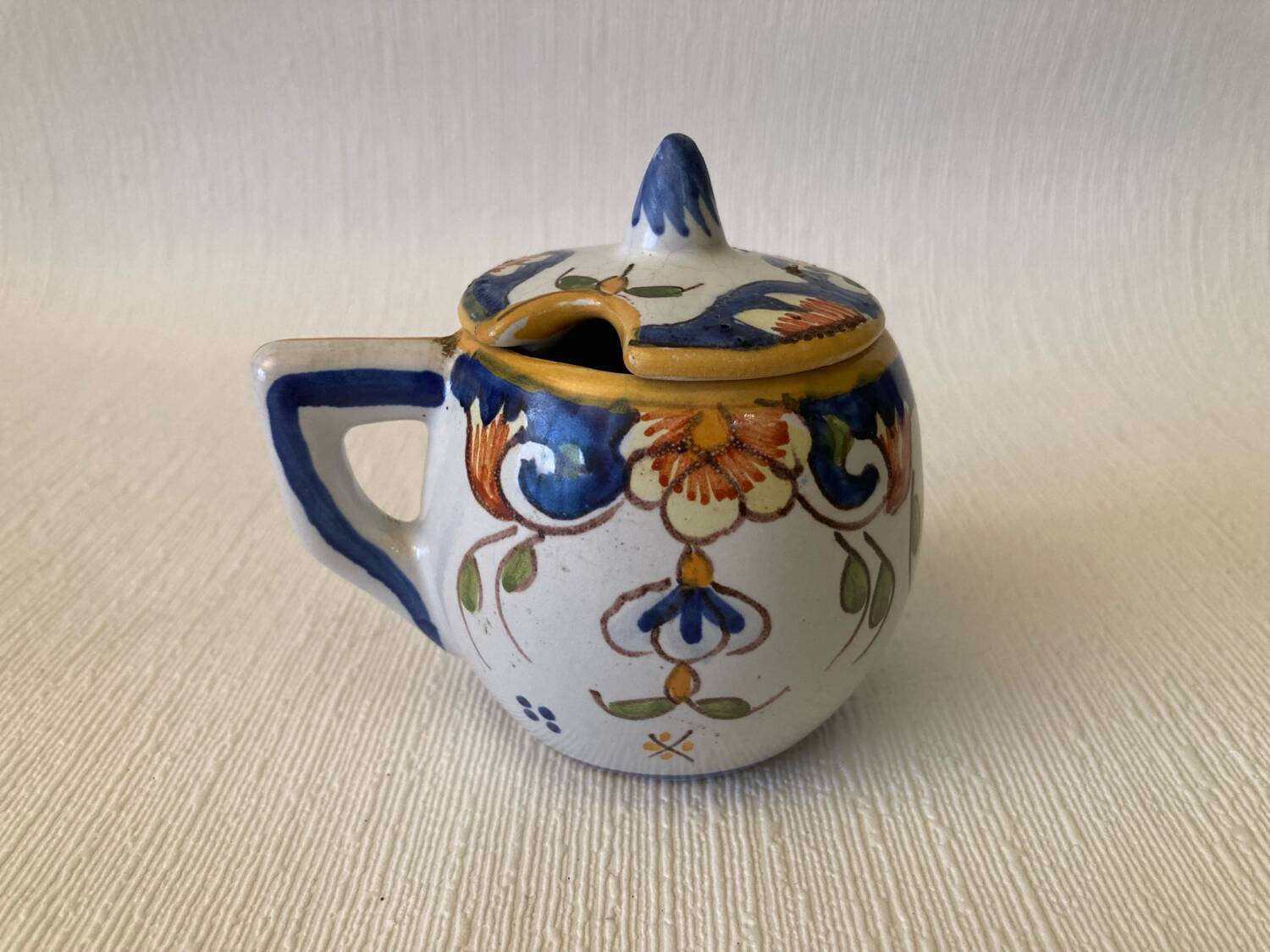 Mustard pot signed Henri Delcourt Hand painted Old Rouen early 20th century